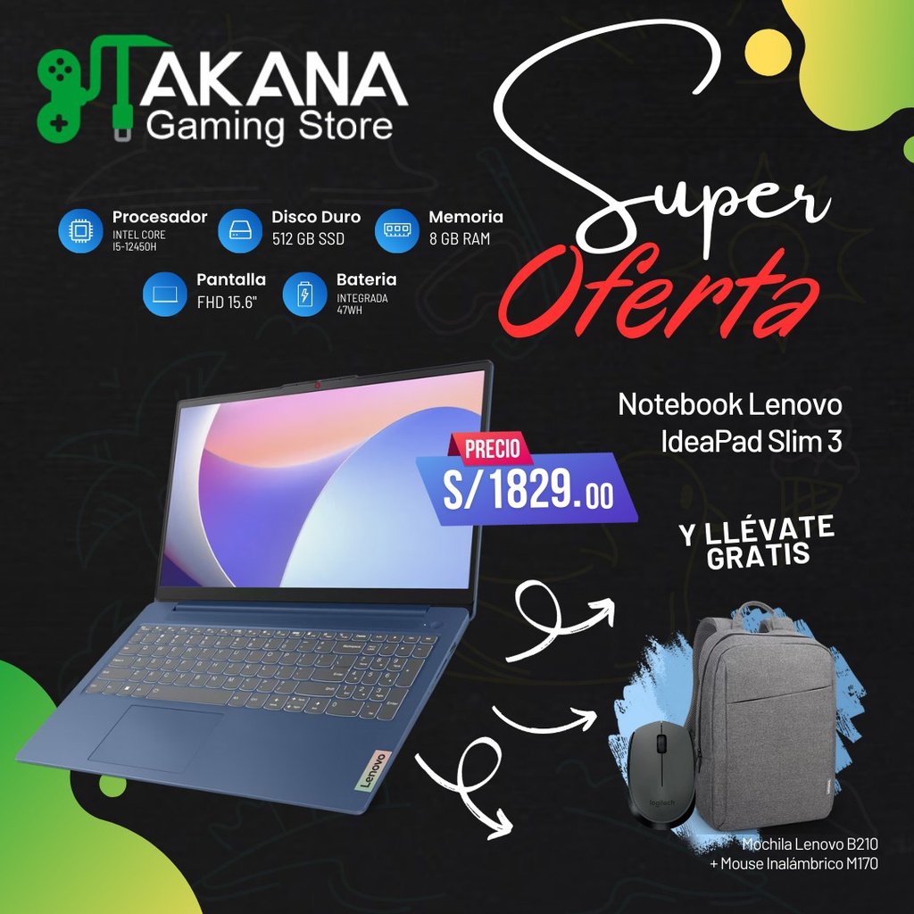 Laptop Lenovo IdeaPad Slim 3 Core i5-12450H/8GB-LPDDR5-4800/SSD 512GB M.2 NVMe/15.6&quot; FHD TN (PN: 83ER001CLM)